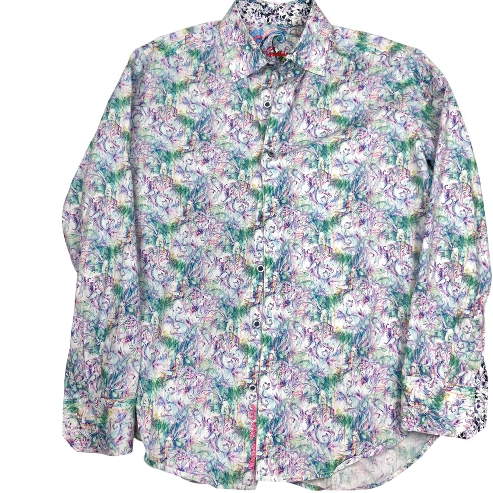Robert Graham Shirt Mens Medium Purple Green Abstract Paisley Art To Wear Cotton